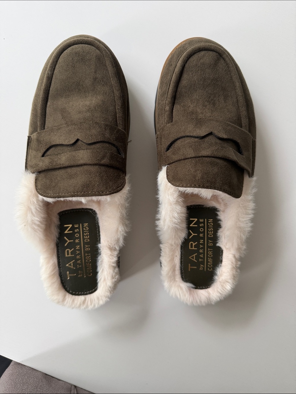 Taryn Rose Olive Suede Fleece-Lined Penny Loafers